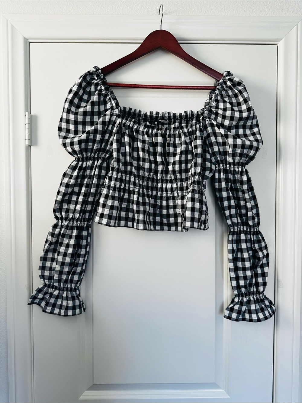 Black White Gingham Puff Sleeve Crop Blouse Cottagecore Fall Size Small
